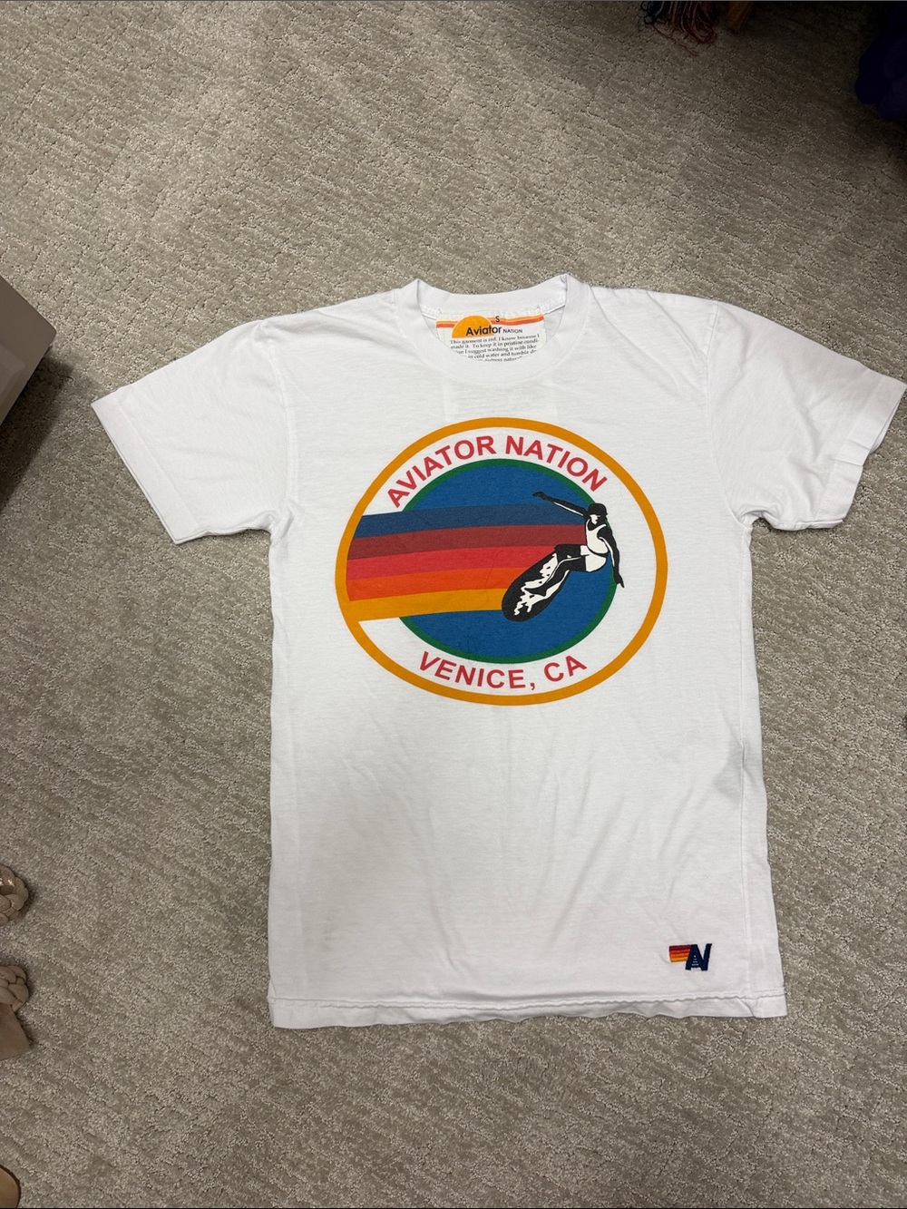 Aviator Nation White Tee with Rainbow Surf Logo